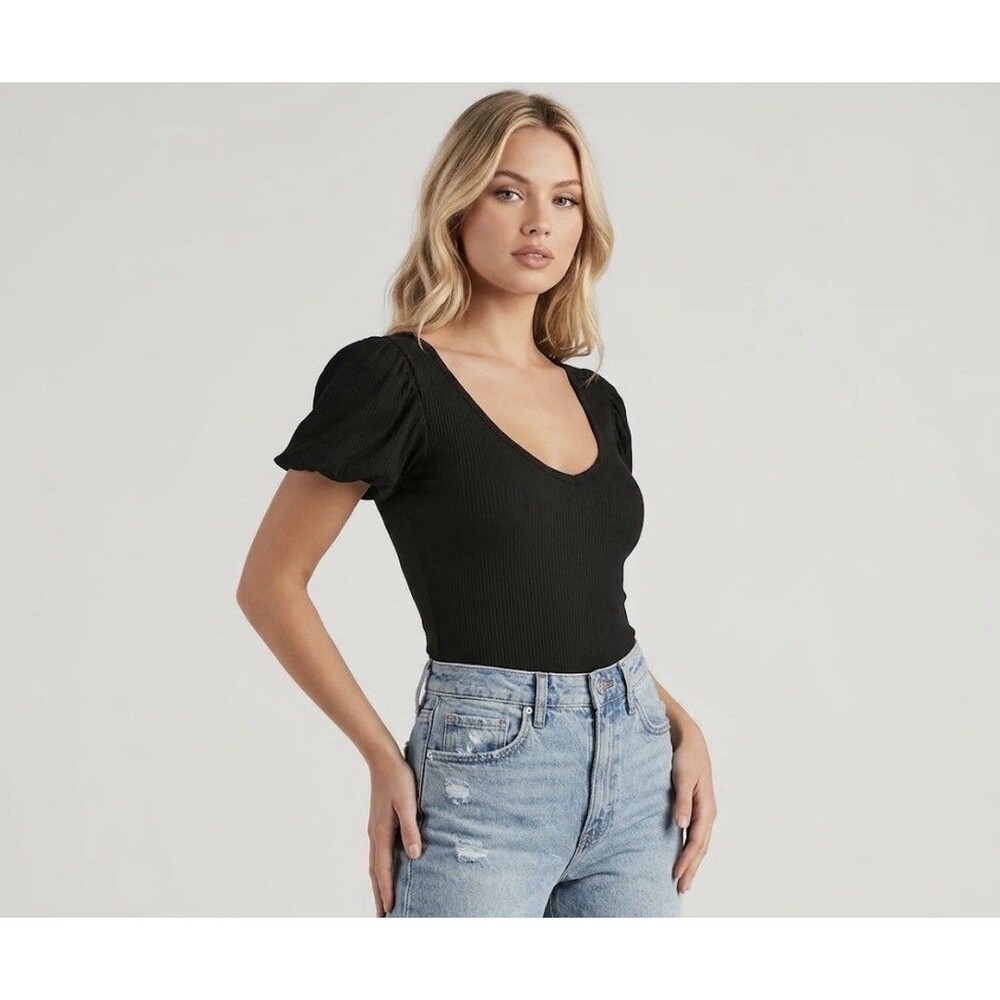 Nation LTD Black Ribbed Organic Pima Cotton Puff Sleeve V Neck Top Small